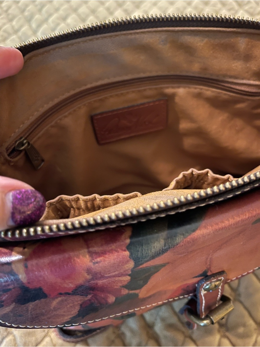 Patricia Nash Burnt Orange Floral Leather Crossbody with Buckle Detail - Picture 4 of 11
